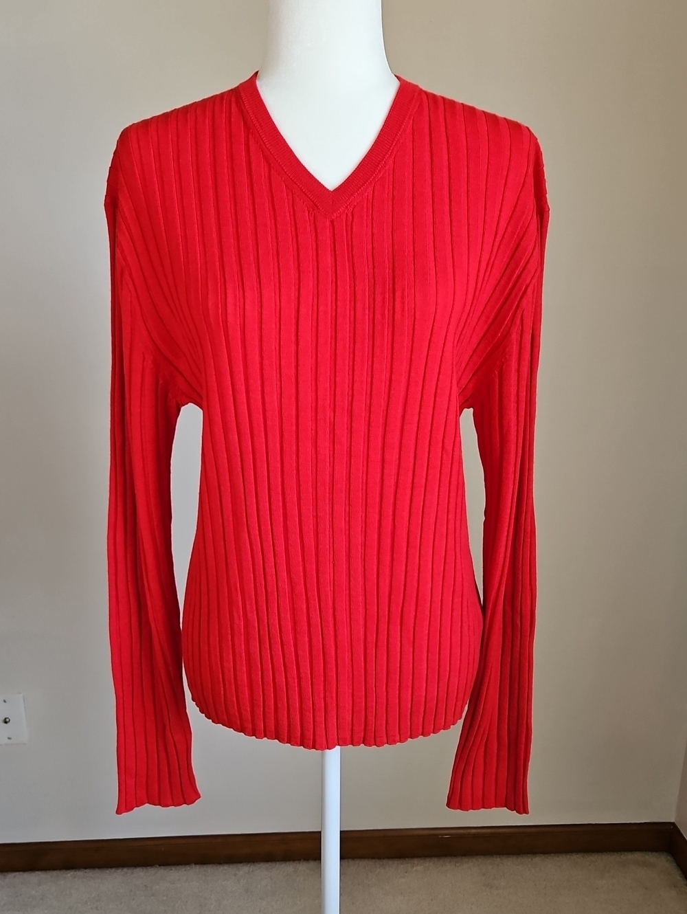 J Crew High V Neck Wide Rib Sweater Red NEW XXL Stretch 100% Merino Wool 2026